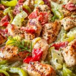 Pepperoncini chicken skillet with golden chicken breasts in tangy pepperoncini sauce garnished with fresh parsley