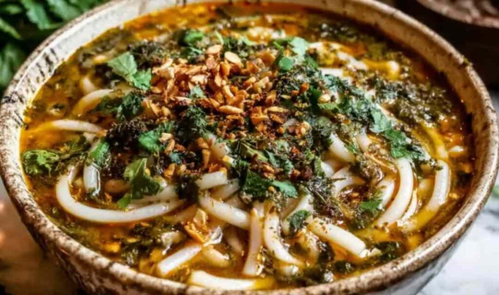 Persian Noodle Soup (Ash-e Reshteh) 5 A bowl of Persian Noodle Soup (Ash-e Reshteh) topped with kashk, mint oil, and caramelized onions