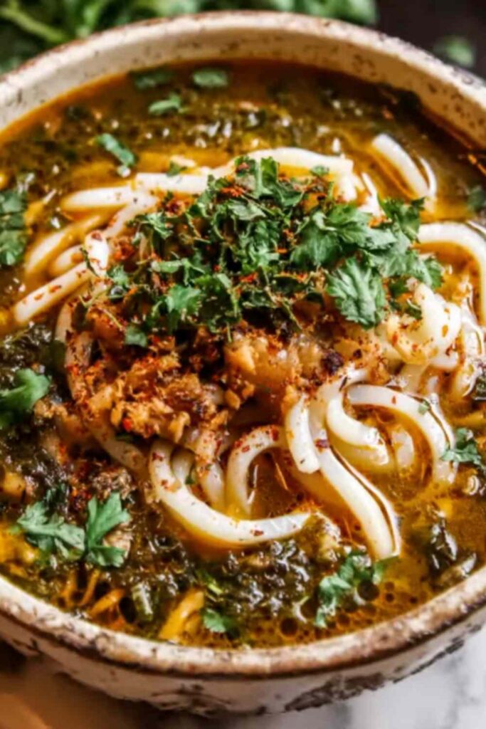 Persian Noodle Soup (Ash-e Reshteh) 6 A bowl of Persian Noodle Soup (Ash-e Reshteh) topped with kashk, mint oil, and caramelized onions