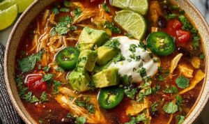 Poblano Chicken Tortilla Soup Bowl of poblano chicken tortilla soup topped with diced avocado, sour cream, shredded cheese, and crispy tortilla strips