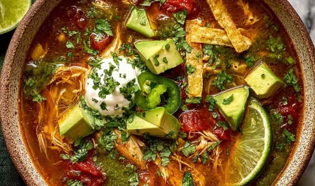 Bowl of poblano chicken tortilla soup topped with diced avocado, sour cream, shredded cheese, and crispy tortilla strips