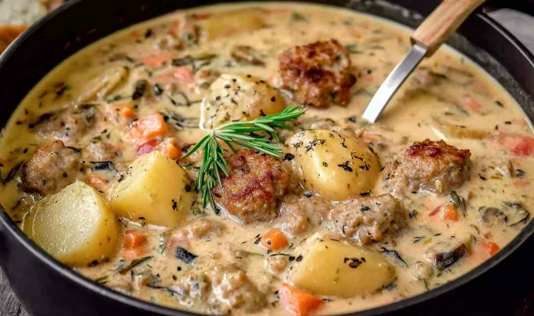 Creamy air fryer potato and sausage chowder served in a white bowl garnished with fresh parsley