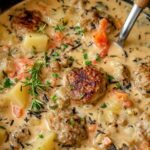 Creamy air fryer potato and sausage chowder served in a white bowl garnished with fresh parsley
