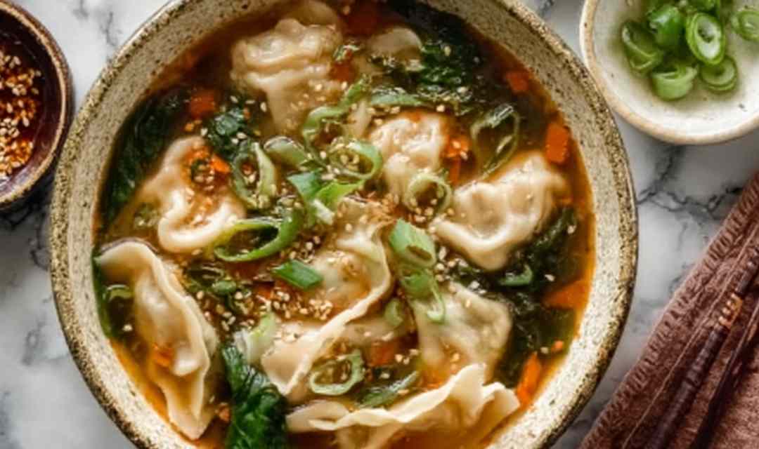 Potsticker soup in a white bowl with spinach, green onions, and chili crisp on top