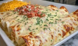 Queso chicken enchiladas in a baking dish topped with melted cheese and fresh cilantro