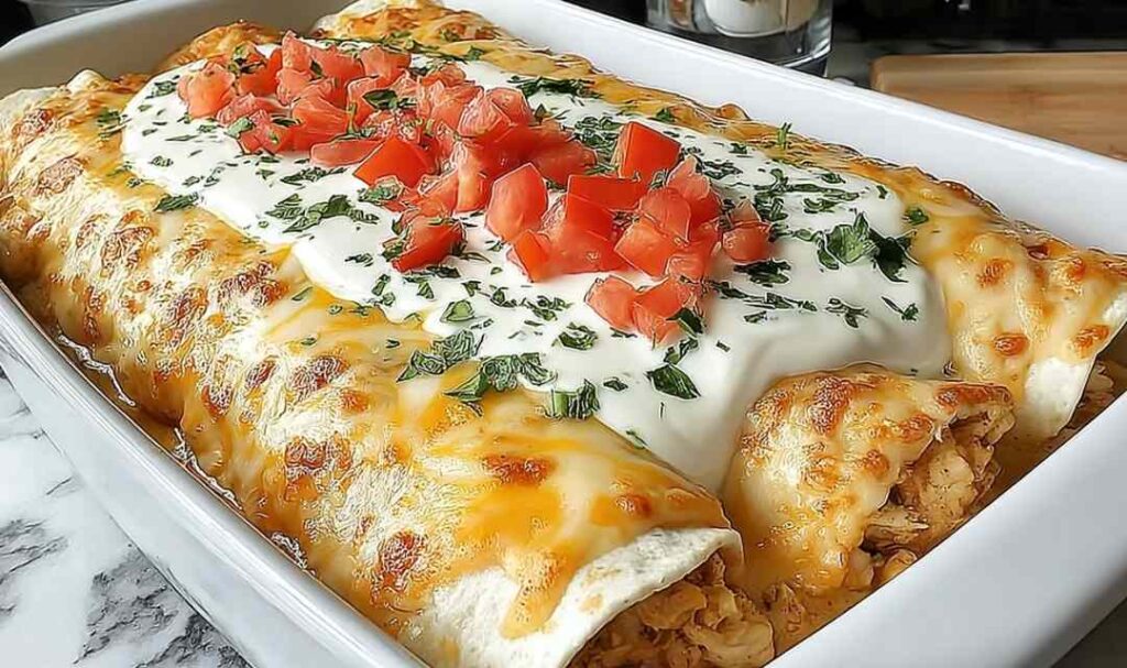 Queso chicken enchiladas baked in a dish with creamy homemade queso sauce and melted cheese