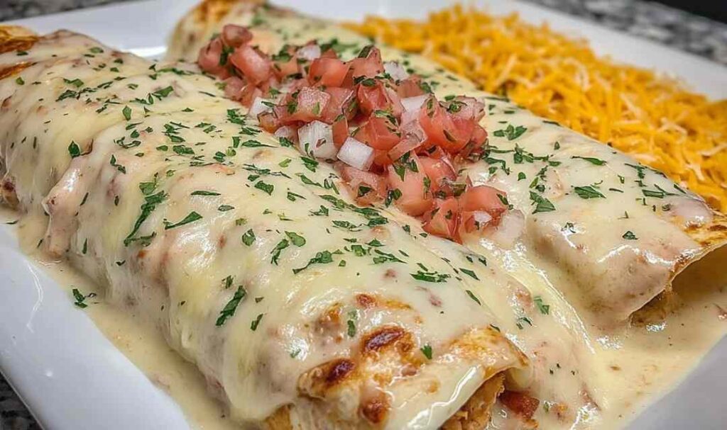 Queso chicken enchiladas in a baking dish topped with melted cheese and fresh cilantro