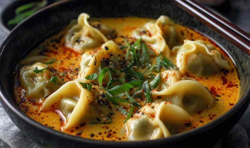 Quick coconut curry soup with dumplings in a white bowl garnished with fresh cilantro and lime wedge