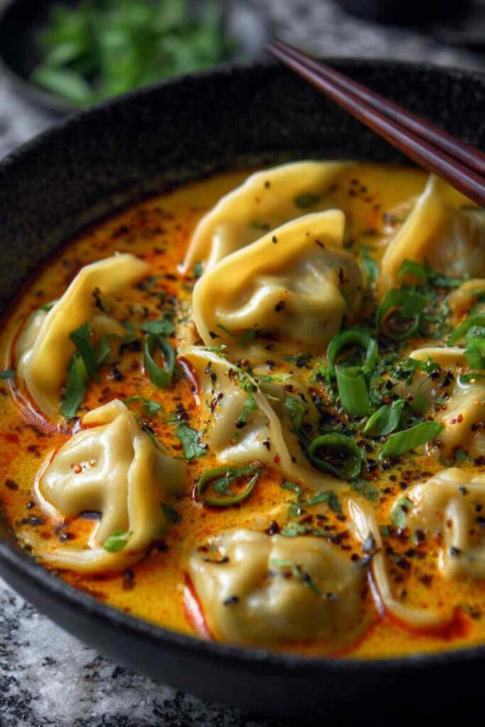 Quick coconut curry soup with dumplings in a white bowl garnished with fresh cilantro and lime wedge