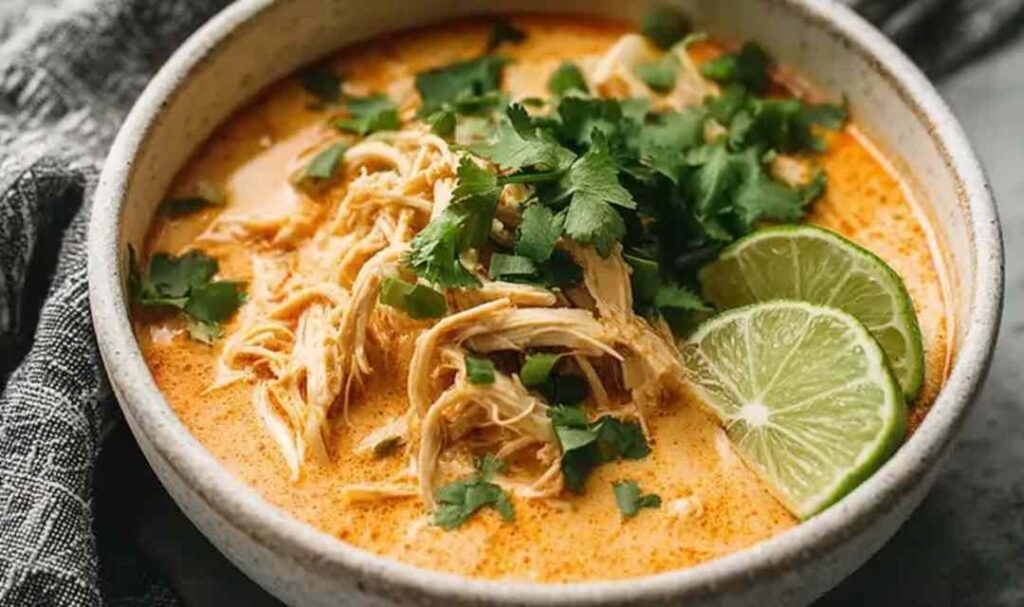 Easy Thai Chicken Soup 5 Easy Thai chicken soup in a white bowl with fresh cilantro and red pepper flakes