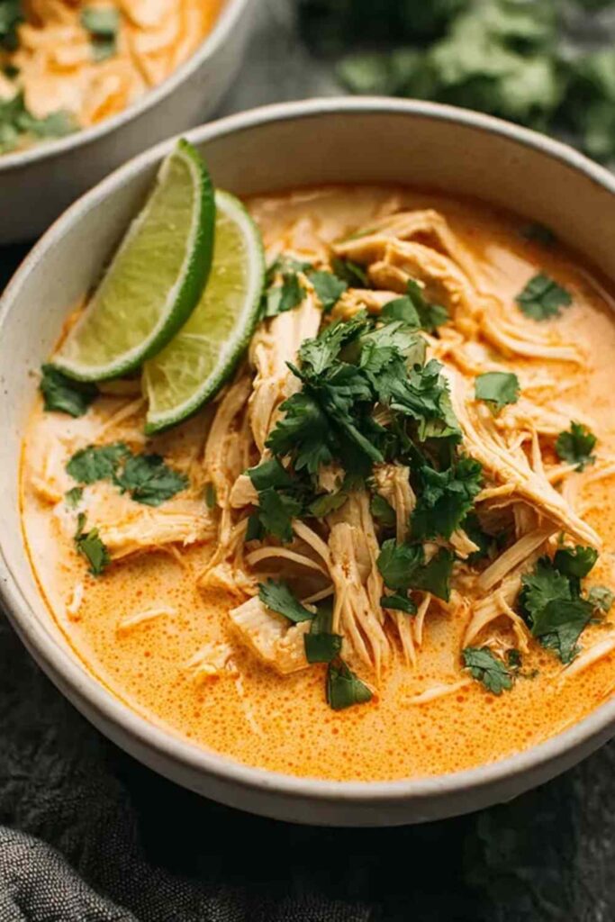 Easy Thai Chicken Soup 6 Easy Thai chicken soup in a white bowl with fresh cilantro and red pepper flakes