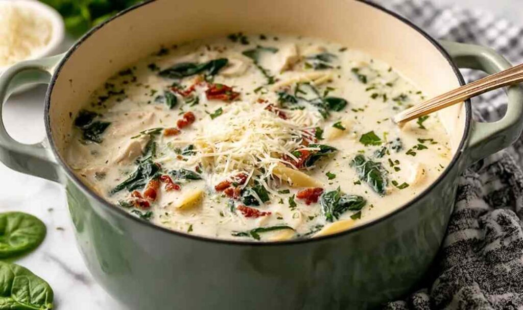 Quick white lasagna soup in a white bowl with melted mozzarella and fresh basil garnish
