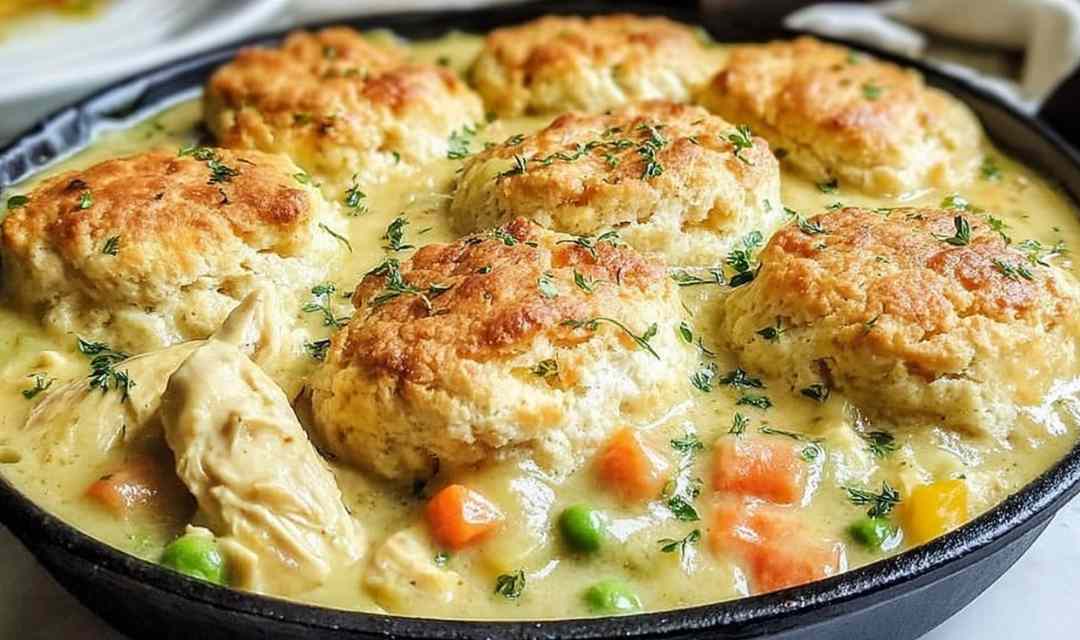 Red Lobster biscuit chicken pot pie with golden Cheddar Bay biscuit topping in a white baking dish