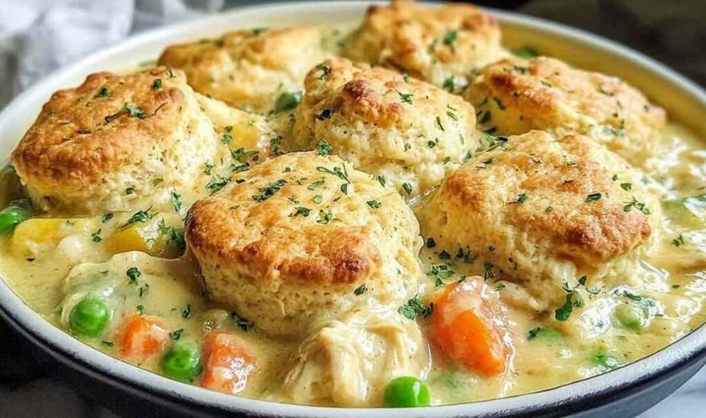 Red Lobster biscuit chicken pot pie with golden Cheddar Bay biscuit topping in a white baking dish