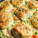 Red Lobster biscuit chicken pot pie with golden Cheddar Bay biscuit topping in a white baking dish