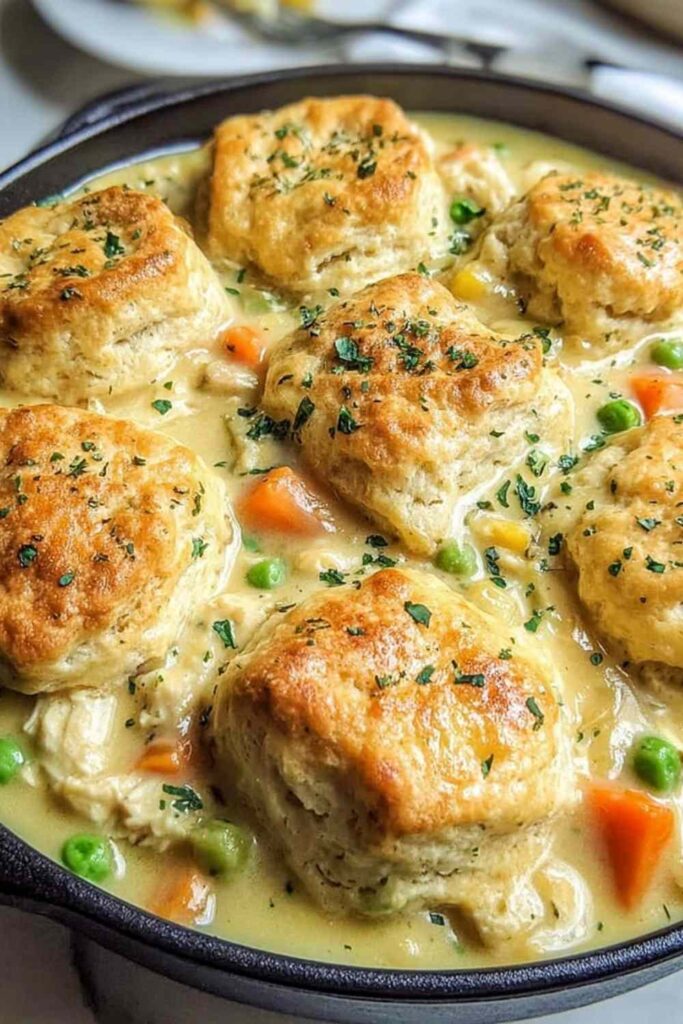 Red Lobster biscuit chicken pot pie with golden Cheddar Bay biscuit topping in a white baking dish