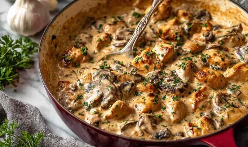 Rich chicken stroganoff served over egg noodles in a white bowl garnished with fresh parsley