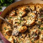 Rich chicken stroganoff served over egg noodles in a white bowl garnished with fresh parsley
