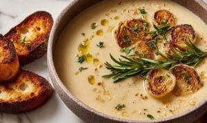 A bowl of creamy roasted garlic white bean soup garnished with fresh parsley and a drizzle of olive oil