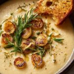 A bowl of creamy roasted garlic white bean soup garnished with fresh parsley and a drizzle of olive oil