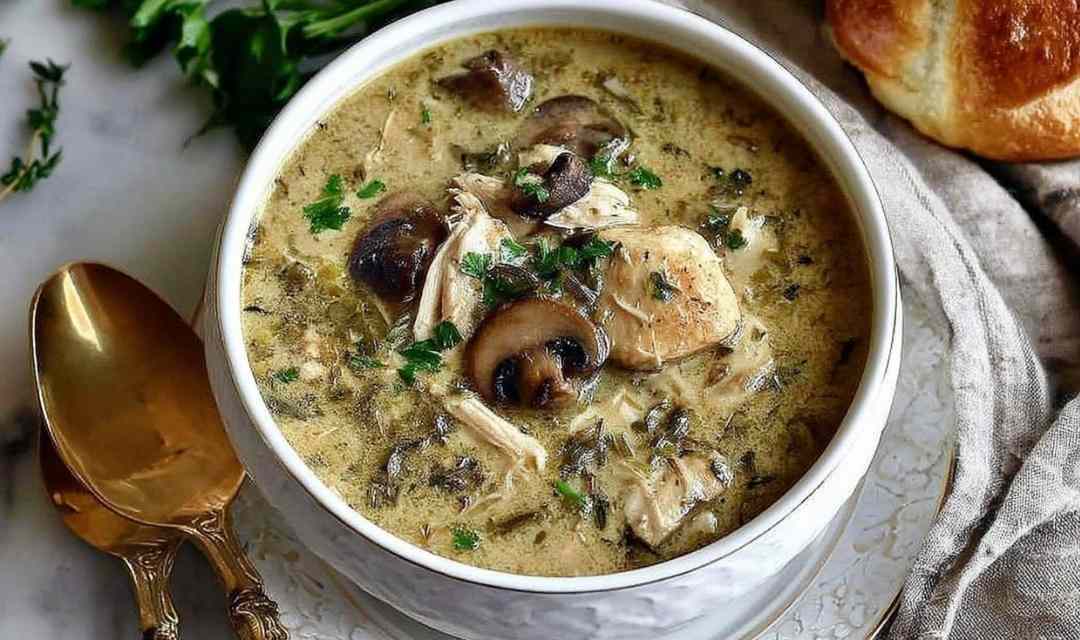 Creamy rotisserie chicken mushroom soup in a white bowl garnished with fresh parsley