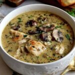 Creamy rotisserie chicken mushroom soup in a white bowl garnished with fresh parsley