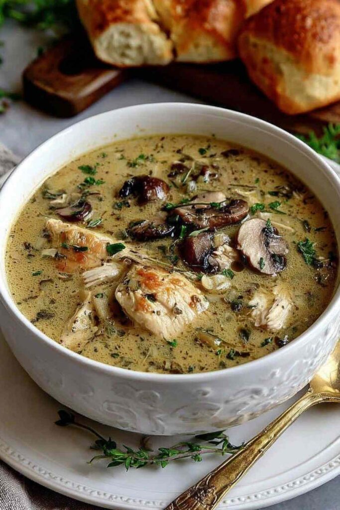 Creamy rotisserie chicken mushroom soup in a white bowl garnished with fresh parsley