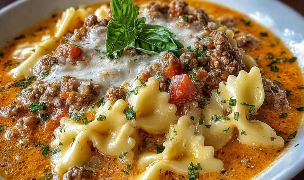 Italian lasagna soup with ground beef and creamy ricotta cheese topping in a white bowl