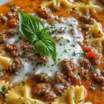 Italian lasagna soup with ground beef and creamy ricotta cheese topping in a white bowl
