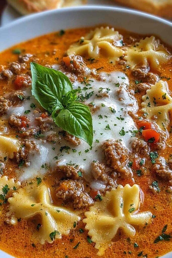 Italian lasagna soup with ground beef and creamy ricotta cheese topping in a white bowl