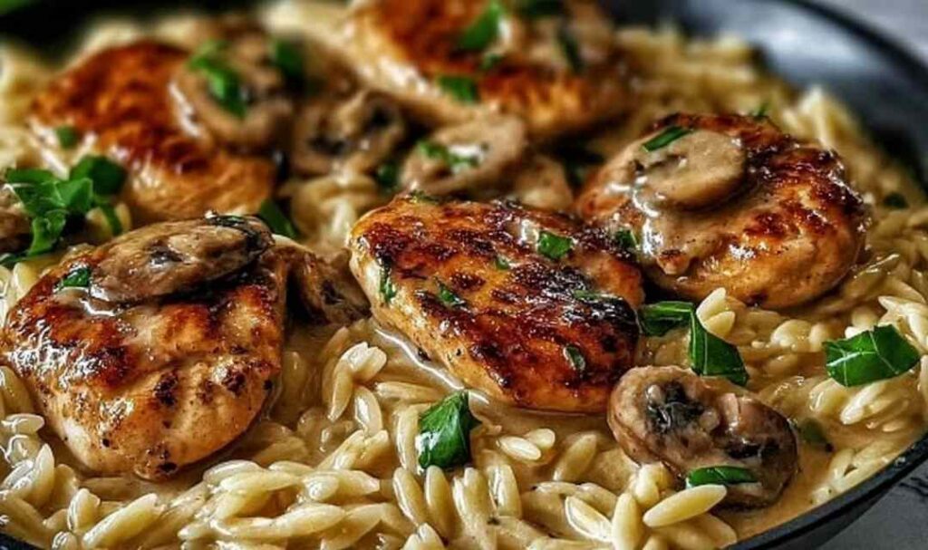 Mediterranean Orzo Skillet 5 Mediterranean orzo skillet with feta cheese, Kalamata olives, and fresh spinach in a large pan