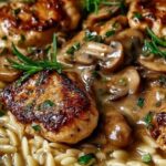 Mediterranean orzo skillet with feta cheese, Kalamata olives, and fresh spinach in a large pan