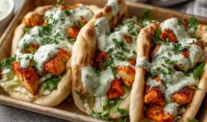 Sheet pan chicken pitas with herby ranch on a wooden board with fresh herbs