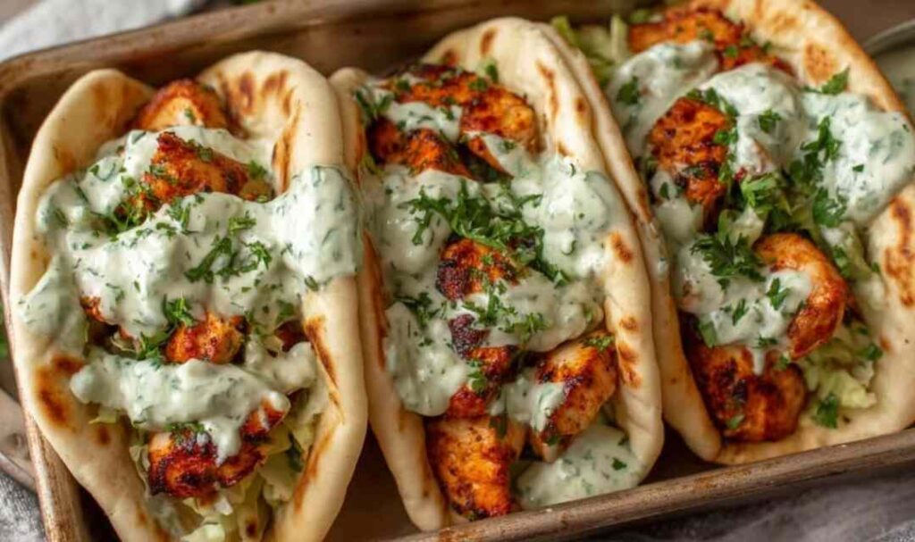 Sheet pan chicken pitas with herby ranch on a wooden board with fresh herbs