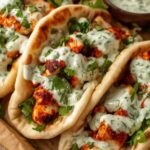 Sheet pan chicken pitas with herby ranch on a wooden board with fresh herbs