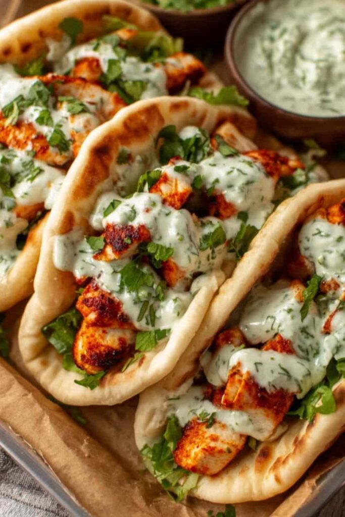 Sheet pan chicken pitas with herby ranch on a wooden board with fresh herbs