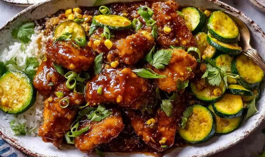 Sheet pan hot honey garlic chicken and zucchini on a rimmed baking sheet with glossy sauce and fresh parsley garnish