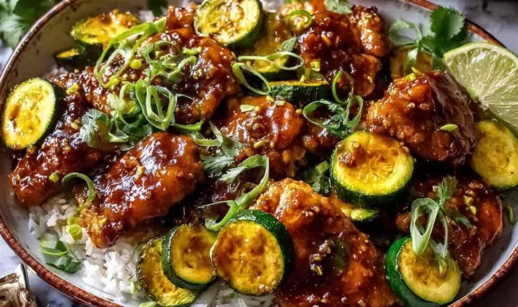 Sheet pan hot honey garlic chicken and zucchini on a rimmed baking sheet with glossy sauce and fresh parsley garnish
