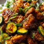 Sheet pan hot honey garlic chicken and zucchini on a rimmed baking sheet with glossy sauce and fresh parsley garnish