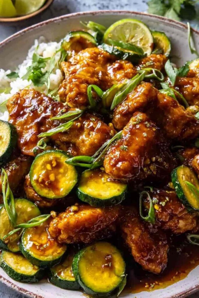 Sheet pan hot honey garlic chicken and zucchini on a rimmed baking sheet with glossy sauce and fresh parsley garnish