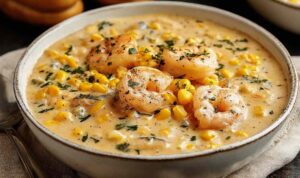 A bowl of creamy shrimp and corn chowder topped with fresh parsley and smoked paprika