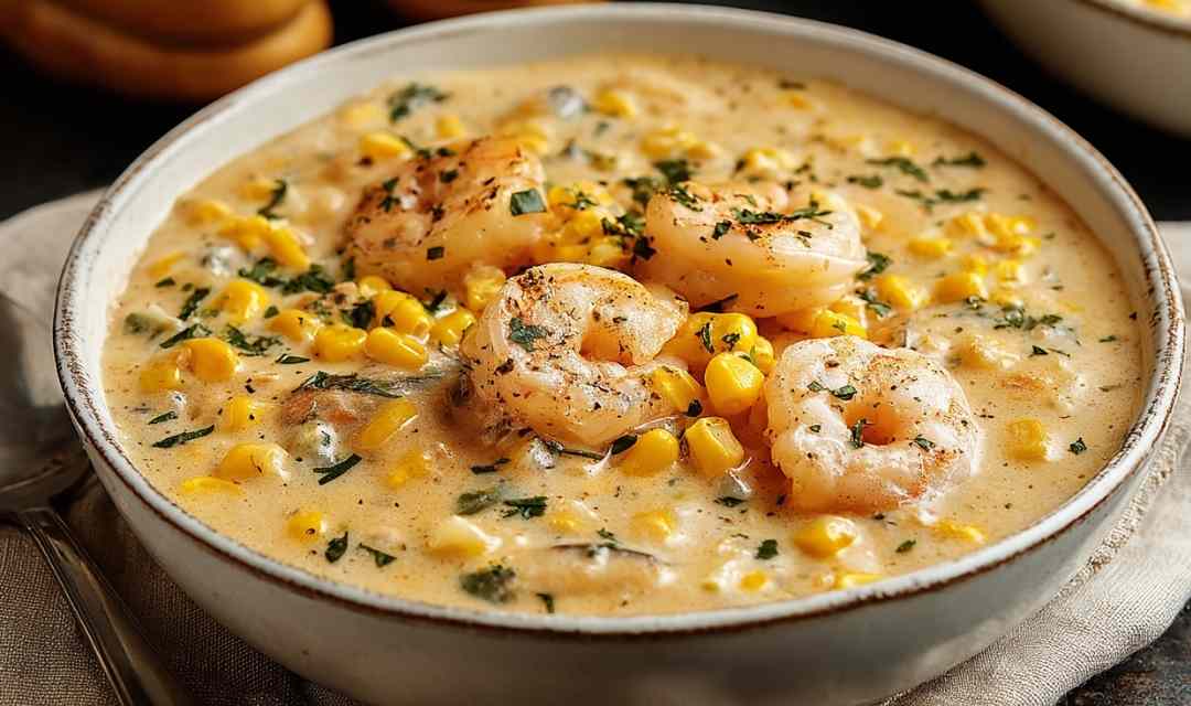 A bowl of creamy shrimp and corn chowder topped with fresh parsley and smoked paprika