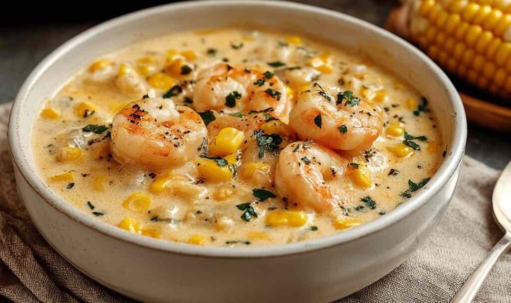 Shrimp and Corn Chowder 5 A bowl of creamy shrimp and corn chowder topped with fresh parsley and smoked paprika