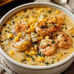 A bowl of creamy shrimp and corn chowder topped with fresh parsley and smoked paprika