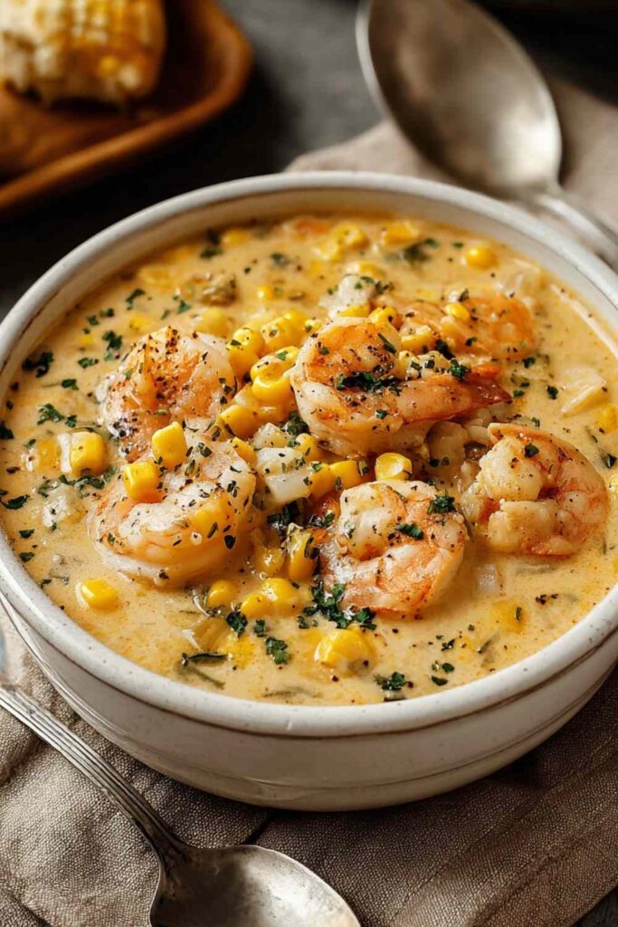 Shrimp and Corn Chowder 6 A bowl of creamy shrimp and corn chowder topped with fresh parsley and smoked paprika