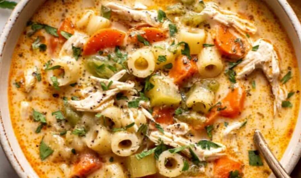 A bowl of Sicilian chicken soup with tender chicken, spinach, carrots, and tomato broth topped with fresh basil and Parmesan cheese