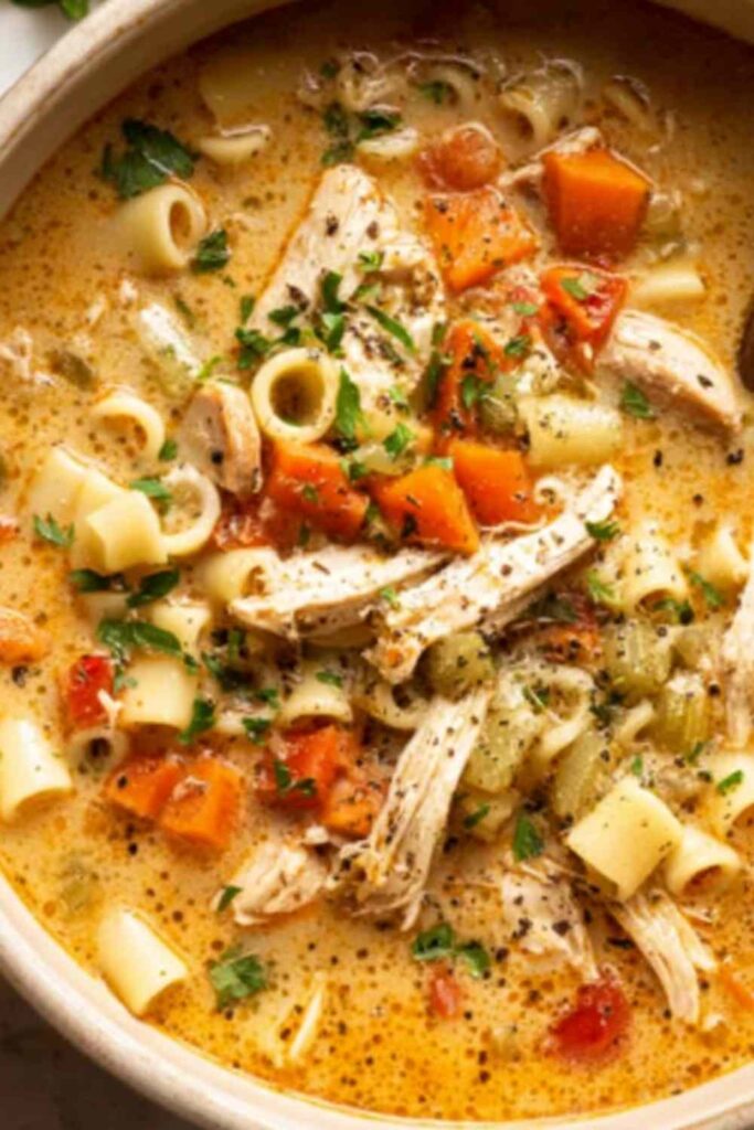 A bowl of Sicilian chicken soup with tender chicken, spinach, carrots, and tomato broth topped with fresh basil and Parmesan cheese