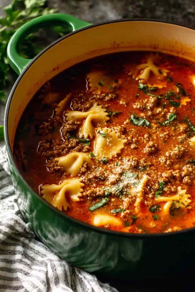 Simple lasagna soup with Italian sausage and ricotta topping in a white bowl