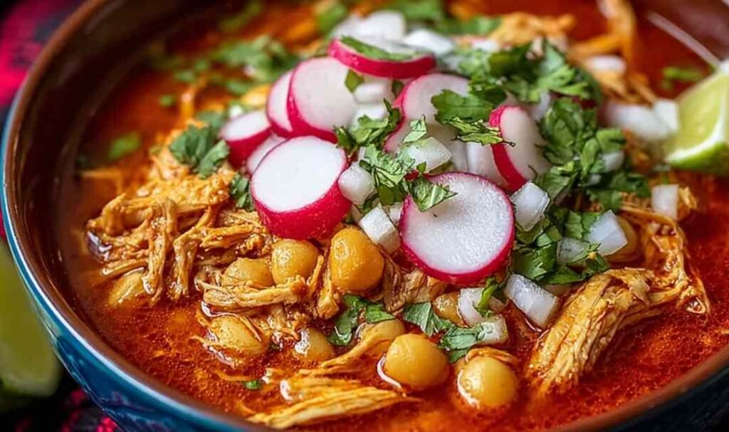 Slow cooker chicken posole in a rustic bowl topped with shredded cabbage, radish slices, avocado, and fresh cilantro
