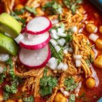 Slow cooker chicken posole in a rustic bowl topped with shredded cabbage, radish slices, avocado, and fresh cilantro